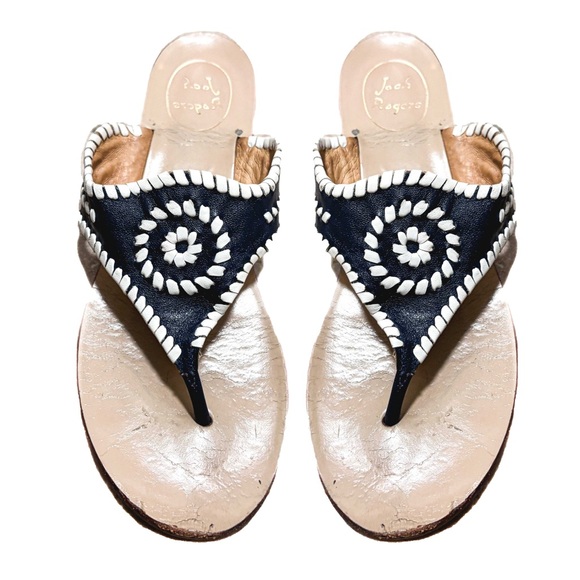 Jack Rogers Shoes - Jack Rogers Blair Navy & White Whipstitch Leather Thong Sandals - Size 8.5